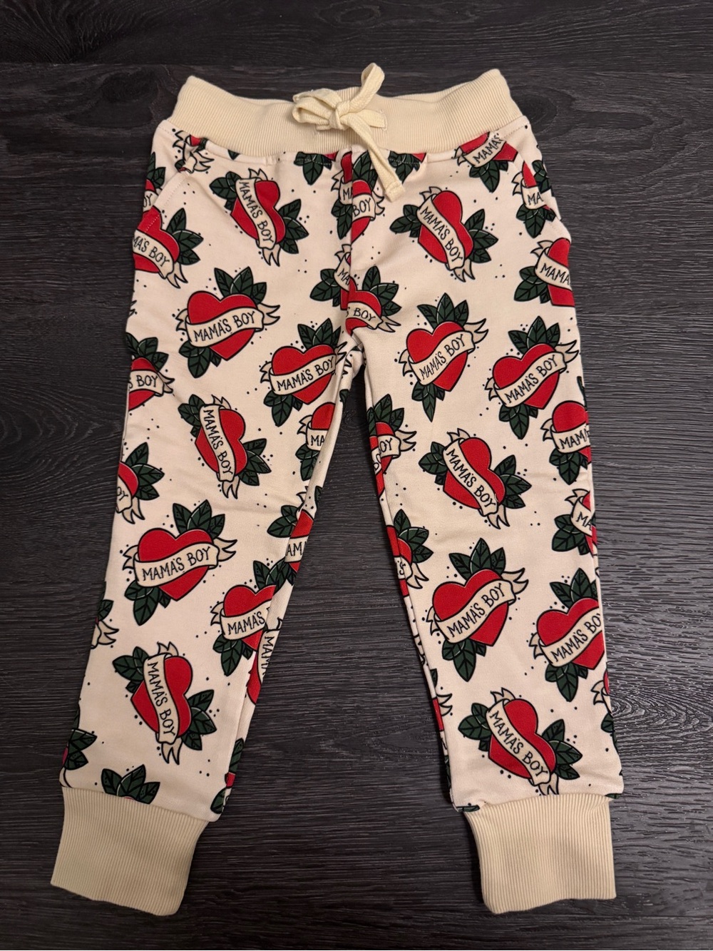 Cream Kids Sweatpants Red Heart Tattoo Mom Print “Mama’s Boy” Cuffed Jogger Pant
